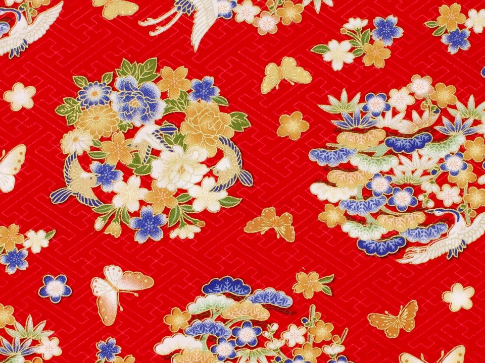 Japanese Cranes Butterfly Floral Red Cotton Fabric Fat Quarter Quilting FQ #0103 - image 2 of 2