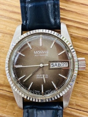 Vintage Monvis Automatik 25 Rubis Incabloc Day Date Rändelring