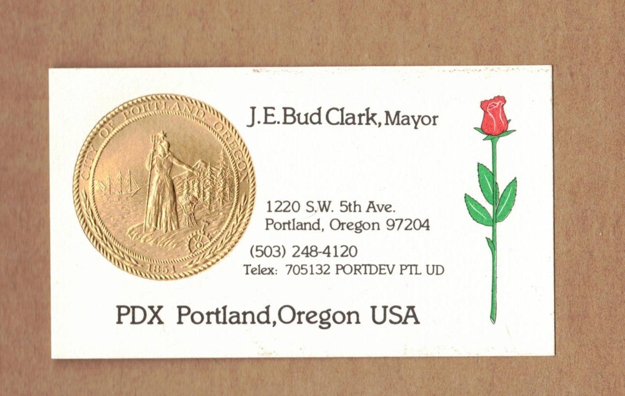Mayor J.E. Bud Clark Business Card, Portland Oregon Mayor 1985-1992