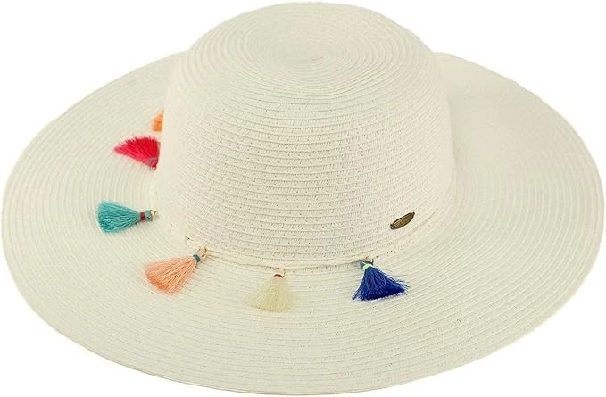 C.C Women Colorful Tassels Band Floppy Wide Brim 4" Summer Beach Pool Sun Hat
