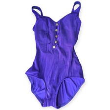 Vintage Maxine of Hollywood Size 10 Blue Ribbed One Piece Swimwear Retro Buttons