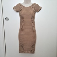 Sexy Bodycon Dress Beige Stretch Tan Midi Clubwear Bandage Cut Out Prime Cut....