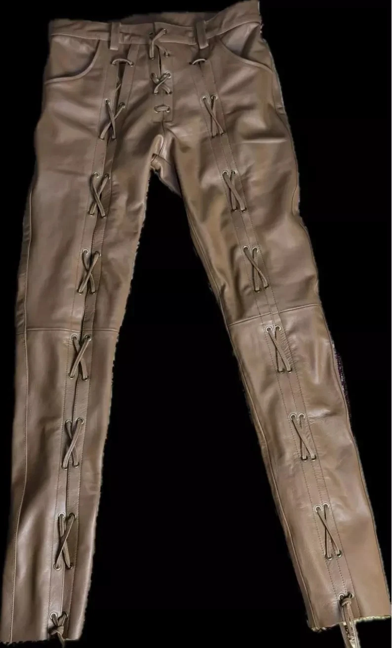 New Men's Original Leather Brown Front and Back Laced Up Real Disco Pants