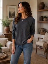 LOFT Women  s Gray Solid Knit Crewneck Raglan Pullover Sweater Size S