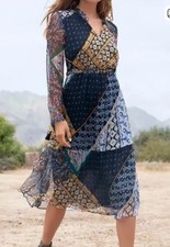 NEW JOHNNY WAS JADE SILK PATCHWORK MEI DRESS MIDI SLIP BOHO LARGE XL RARE $398