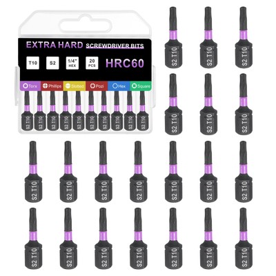 20pcs TT10 Magnetic Torx Screwdriver Bit with 6mm Hex Shank 25mm Length S2 Steel