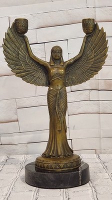 Isis Bronze Dual Candle Holder Winged Goddess Sculpture Patoue Fine Art Decor