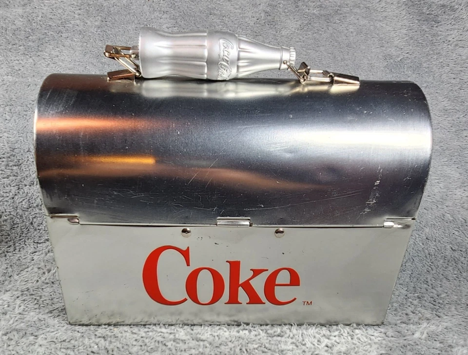 Vintage Coca-Cola Metal Lunch Box Silver Coke Bottle Handle Classic Style - Image 2 of 4