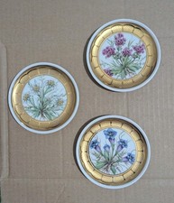 3 X Vintage Handmade German Ceramic Coaster  22.8 K Gold Rim Floral Design