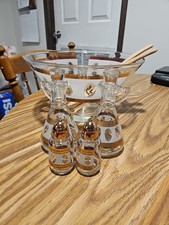 Hazel Atlas Salad Bowl, Oil & Vinegar Cruet, Salt & Pepper Shaker Set Wheat Gold