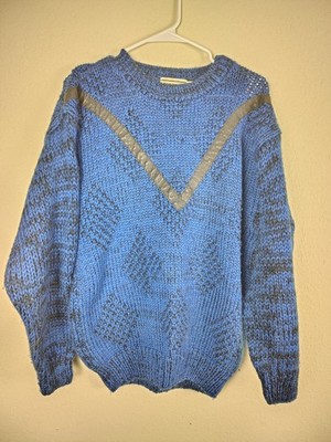 Vintage Gabrielle Blue Sweater With Black Leather Trim 80s 90s 
