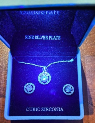 New Lighted Box Danecraft Fine Silver Plate Cubic Zirconia Necklace &Earring Set
