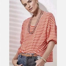 Cabi 5984 Poolside Tee Medium Orange White Striped 3/4 Sleeve Boxy Fit Top