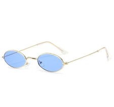 Vintage 90s Y2K Small Oval Sunglasses Gold Wire Metal Frame Blue Lens Retro