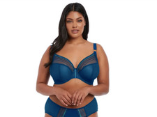 ELOMI Matilda Underwire Plunge Bra 36J Blue Sheer Mesh Unlined EL8900 Full Cover