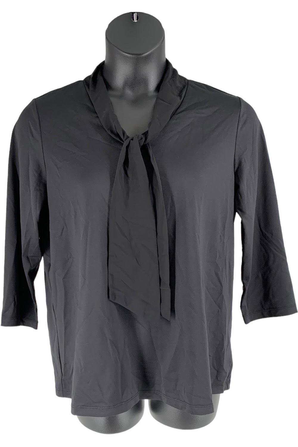 Топ Susan Graver Butterknit с V-образным вырезом и рукавами 3/4 и шифоновой завязкой черного цвета