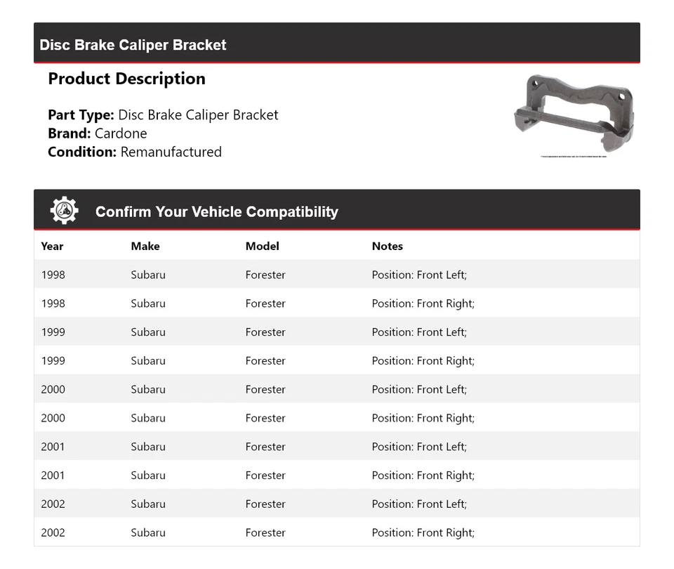 Кронштейн суппорта дискового тормоза для Subaru Forester 1998-2002 годов выпуска Cardone 1999 2000 2001 годов выпуска - Изображение 2 из 4