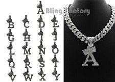 Iced Alphabet Initial Letter Silve PT Pendant 20" Box Lock Cuban Chain Necklace