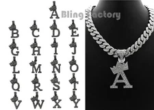 Iced Alphabet Initial Letter Silve PT Pendant 20" Box Lock Cuban Chain Necklace