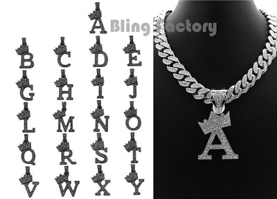 Iced Alphabet Initial Letter Silve PT Pendant 20'' Box Lock Cuban Chain Necklace