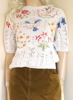 Jennifer Reed Vintage 90s Handknitted Cotton CottageCore Pullover Gr. S/10-12-14