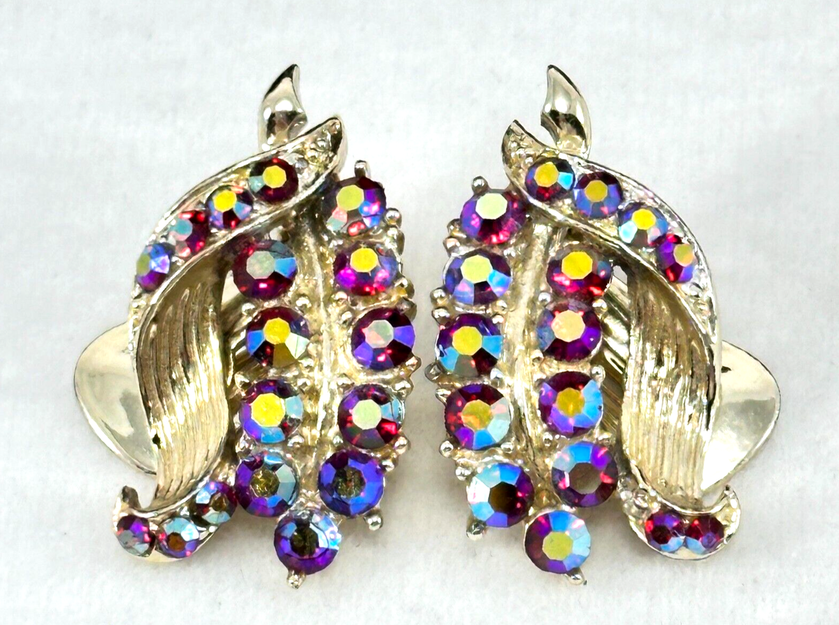 Clip On Earrings Dazzling Iridescent Rainbow Glass Rhinestone Gold