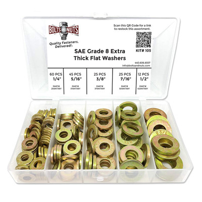 1/4'' 5/16'' 3/8'' 7/16'' 1/2'' Grade 8 SAE Extra Thick Flat Washer Assortment Kit - 
