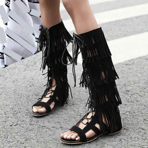 Womens Flat Summer Boots Shoes Roma Lace Up Tassel Knee High Gladiator Sandals - Picture 2 of 17