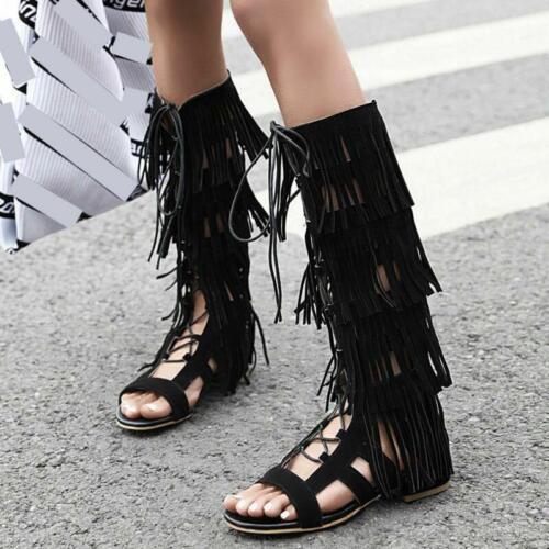 Womens Lace Up Tassel Knee High Gladiator Sandals Flat Summer Boots Shoes Roma - Afbeelding 1 van 18