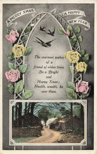 Postcard Vintage 1916 Merry Xmas and Happy New Year Roses and Birds - Bild 1 von 2