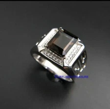Natural Smoky Quartz & CZ Gemstones with 925 Sterling Silver Ring For Men's #905