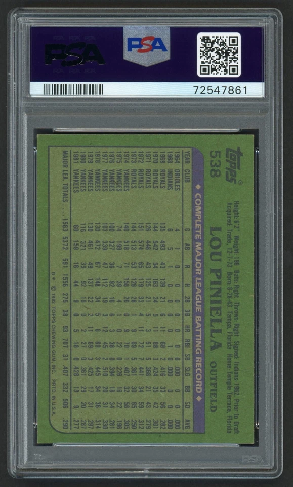 1982 TOPPS LOU PINIELLA #538 NEW YORK YANKEES PSA 7 NEAR MINT - Image 3 of 3