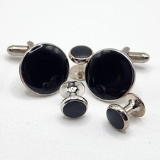 Sleek Round Black Enamel  Silver Tone Cuff Links  Shirt Studs Classic Style