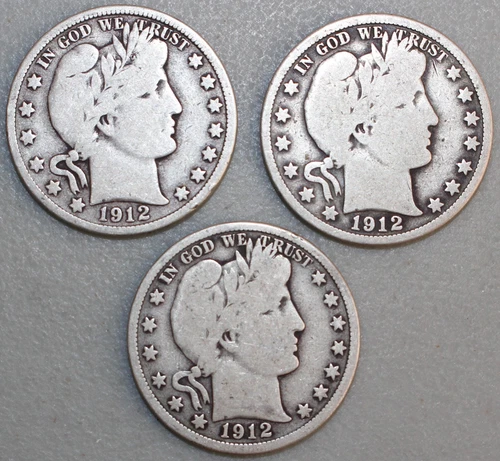 1912 P D S Silver Barber Half Dollars Good Circulated 50c US  Type Coins 3 Coins