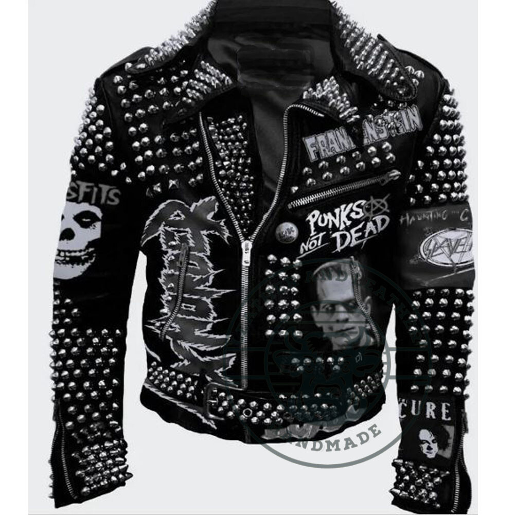 Men's Black Leather Punk Jacket with Silver Studs and Rocket Patch