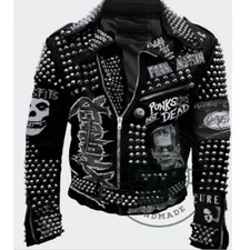 Men's Silver Studded Black Leather Punk Steampunk Hippie Rocket Patch Jacket