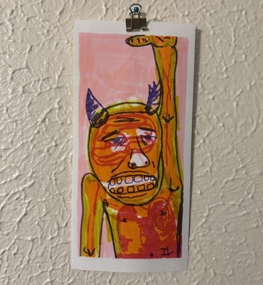 Original Neo-Expressionist Drawing  Abstract Horn Figure Reaching