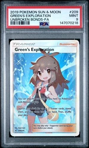 2019 POKEMON SUN & MOON UNBROKEN BONDS #209 FULL ART/GREEN'S EXPLORATION PSA 9