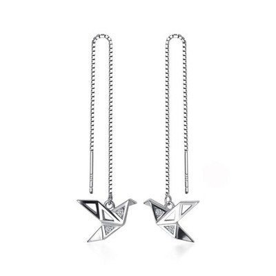 Origami Paper Crane Dangle Drop Earrings Sterling Silver Good Luck Tassel Thread