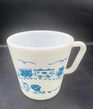Vintage Pyrex child's milk mug- turquoise  train