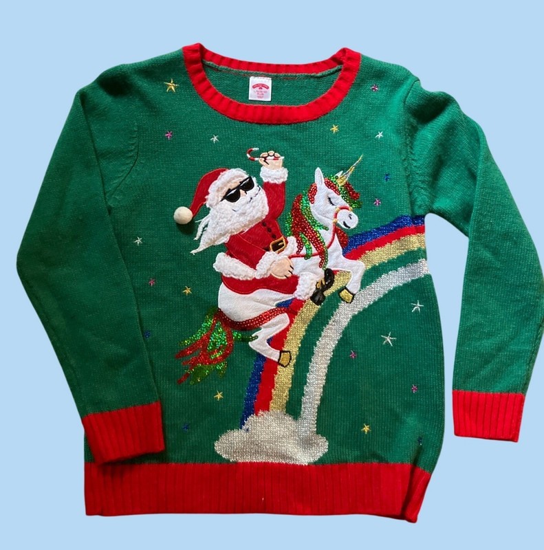Holiday Time Santa Unicorn Green Ugly Christmas Sweater Girls L (10-12) Plus