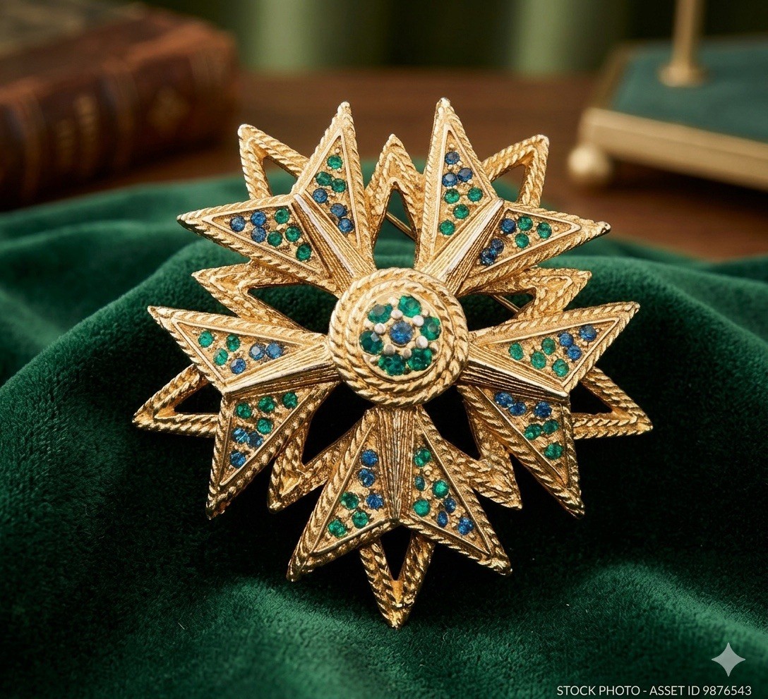 Hattie Carnegie Vintage Maltese Cross Brooch Signed Blue Green Rhinestone Pin