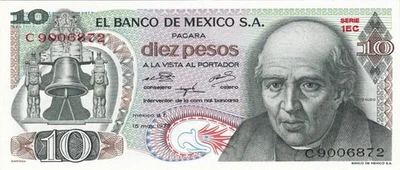 WORLD MONEY STORE Mexico P-063 10 Pesos 1969–1977 (P-63a-i) — Green XF or better P23P