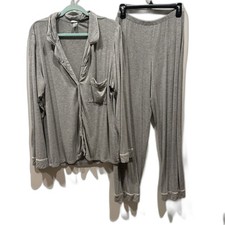 Eberjey Long Pajama Set Women Large Gray Button-Front Top Pants PJ Cozy Lounge