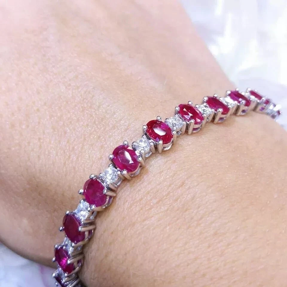4.Ct Oval Cut Lab Created Red Ruby Women's Tennis Bracelet 14K White Gold Finish - Image 3 of 4