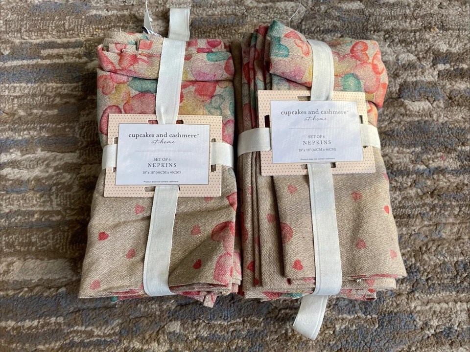 Cupcakes And Cashmere Set Of 12 Napkins Hearts 100% Cotton 18" X 18"New