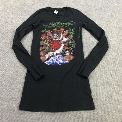 Ed Hardy Shirt Womens XS Black Rhinestone Tattoo Graphic Long