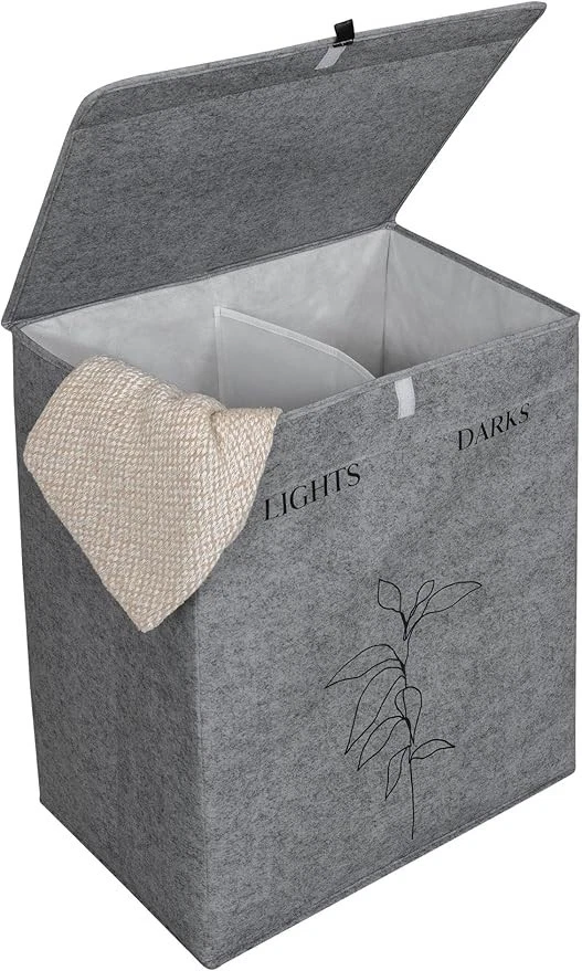 Wäschekorb mit Deckel aus Filz mit zwei Fächern Wäschetruhe Wäschesammler - Bild 4 von 4