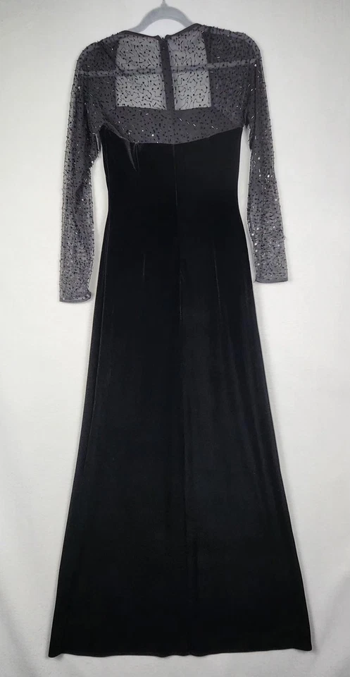 JS Boutique Dress Womens 6 Black Velvet Beaded Sheer Sleeve Evening Formal Gown - Image 2 of 4