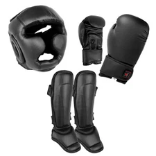 Black Sparring Gear Head Gloves Shin Instep guard MMA Kickboxing Muay Thai Set